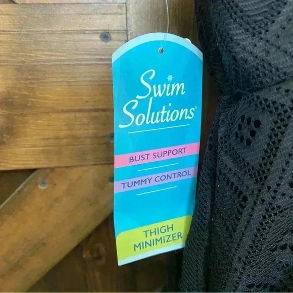 NWT Swim Solutions CROCHET BLACK Flyaway Tummy Control Swimdress Macys size 14 - Picture 7 of 11